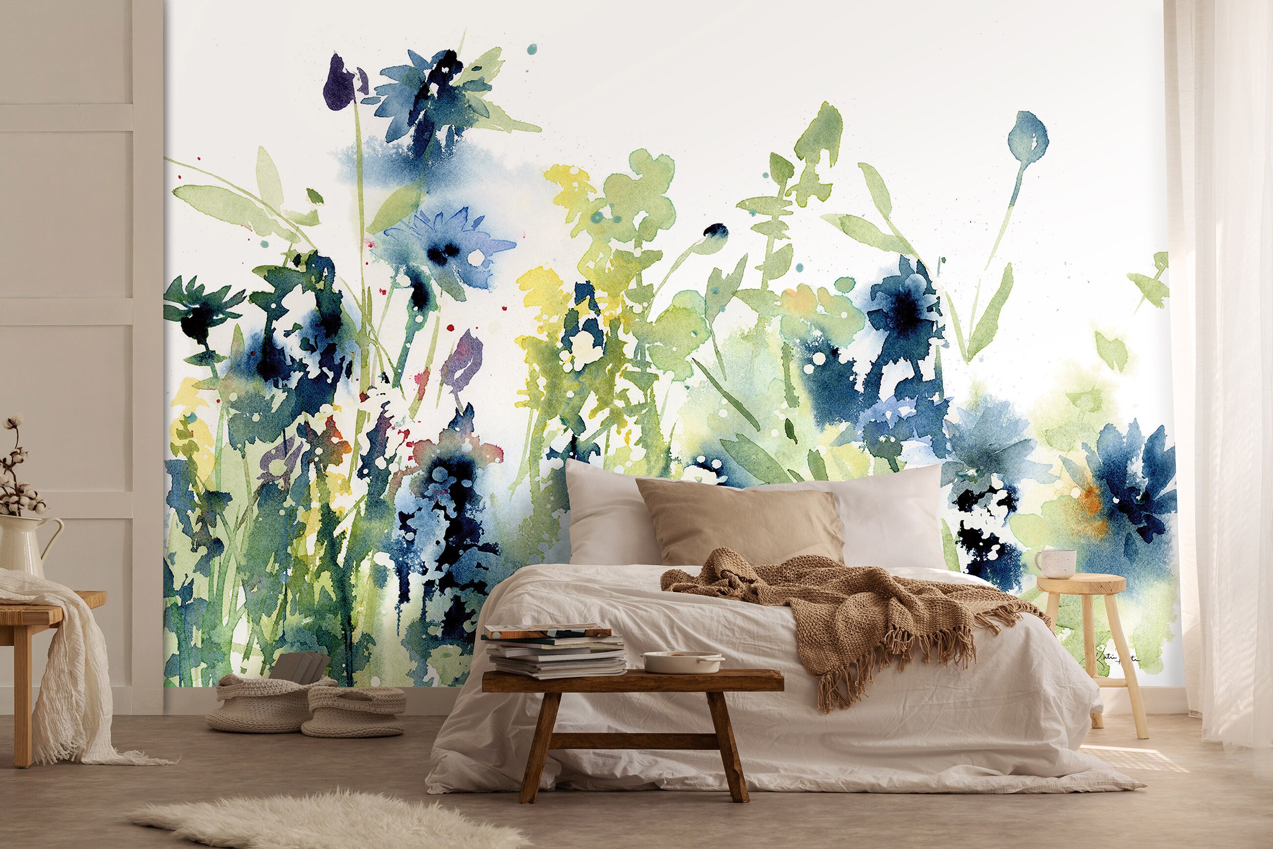Blue MURAL Flowers Wallpaper | Watercolors Wild Flowers Art Navy Mural | Meadow Wall Decor | Interior | Wall Art | Landscape Wallpaper