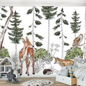 Forest ANIMALS Kids Room Wallpaper Kids Room Mural Wall Decoration Kid Interior Wall Poster Nursery Room Deer and Fox image 6