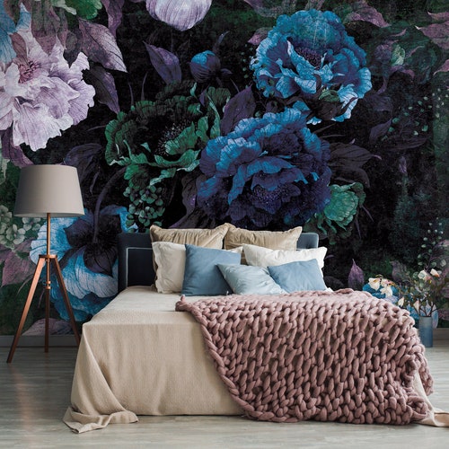 Blue FLORAL Wallpaper Large Flowers Mural FLORAL Wall Etsy