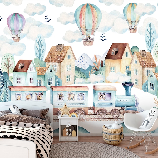 Train KIDS Room Wallpaper | PERSONALISED | Hot Air Balloon Mural | Wall Decoration | Kid Interior | Wall Poster | Pastel Wall | Nursery Wall