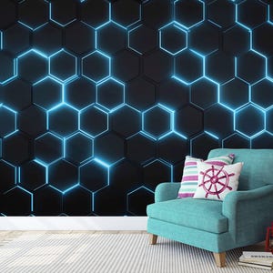 GAMING hexagon Wallpaper | Neon WALLMURAL| Youth Wall Decoration | Wallpaper | 3D geometric Wall Poster | Wall Print | Gift idea