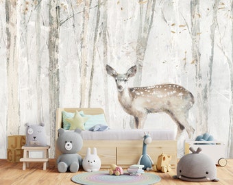 Animal Kids Wallpaper | Forest Mural | Wall Decoration | Deer Wall Poster | Interior Design | Pastel Poster | Photomural for kids | Nursery