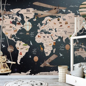 World Map KIDS Wallpaper | Dark Wall Mural | Wall Decoration | Nursery Kids Interior | Wall Poster for Boys Girls ROOM  | Scandi Kids Room