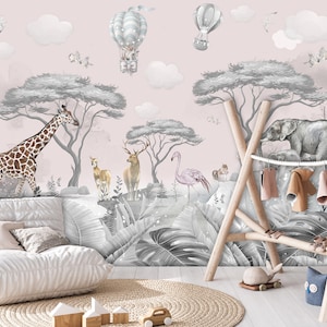 Safari KIDS Girls Room Wallpaper | Nursery Wall Mural | Pink Pastel WALLPAPER | Baby Interior | Poster | Nursery Wall | Pastel Kids Room