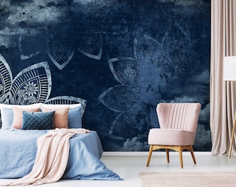 Mandala BOHO Navy Wallpaper | Zen Yoga Mural | Bohemian Wall Decoration | Boho Design | Dark BLUE Wall Poster | Modern Bohemian Wall Decor