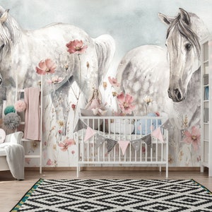 Horses with Flowers | Pastel Mural | Wall Decoration | Pink Watercolor Wallpaper | Wall Poster | Wall Decoration | For Girls |