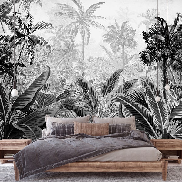 Black and White Palm Leaf Wallpaper - Etsy