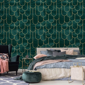 Art Deco Boho Wallpaper | Bottle Green Wall Mural | Wall Decoration | Interior Design | Wall Poster | Modern Bohemian Wall Decor | Art Deco