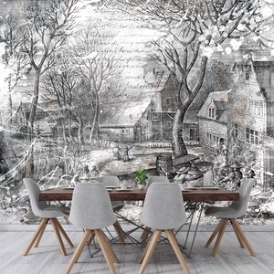 Vintage Sketch Wall Mural Wallpaper | Black and White Mural | Retro Wallpaper | Interior Design | Wall Poster | Print for Wall | Vinatge