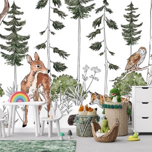 Forest ANIMALS Kids Room Wallpaper Kids Room Mural Wall Decoration Kid Interior Wall Poster Nursery Room Deer and Fox image 3