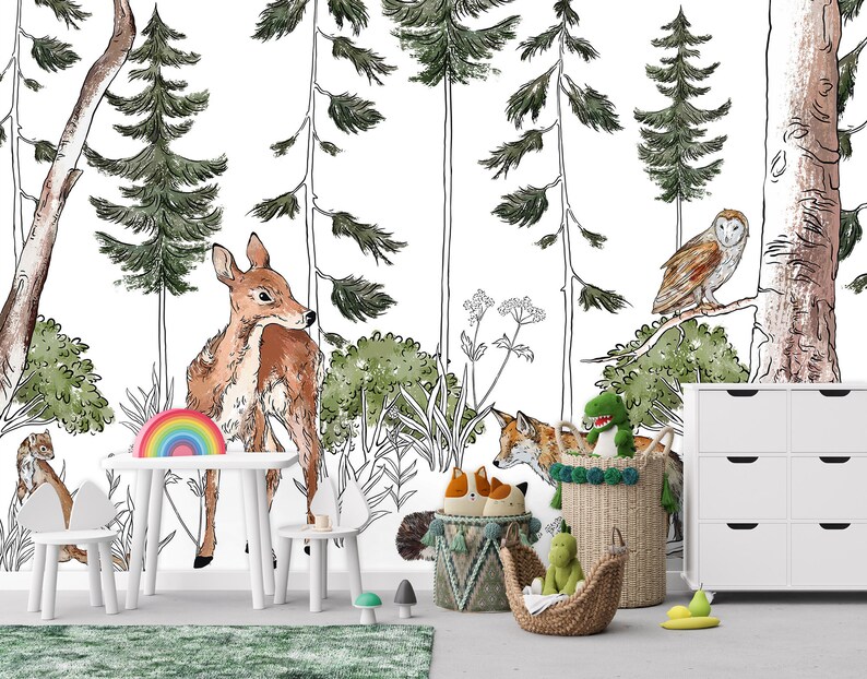 Forest ANIMALS Kids Room Wallpaper Kids Room Mural Wall Decoration Kid Interior Wall Poster Nursery Room Deer and Fox image 3