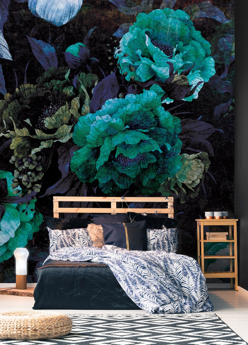 Dark FLOWERS Wallpaper Photo Mural Wall Decoration Wall Etsy