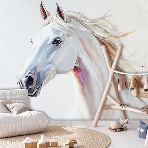 HORSE Wallpaper | White Wild Horse Wall Mural | Wall Decoration | Art style | Pastel Wall Poster | Animal Design | Gift idea
