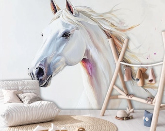 HORSE Wallpaper | White Wild Horse Wall Mural | Wall Decoration | Art style | Pastel Wall Poster | Animal Design | Gift idea