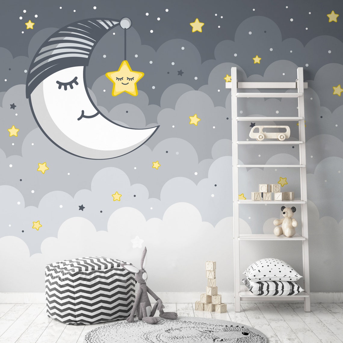Moon and Stars KIDS Room Wallpaper Nursery Mural Baby Wall Etsy