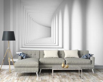 3D Effect Modern TUNNEL Wallpaper | Wall Mural | Geometric Abstract | White TUNNEL Wallpaper | Wall Poster | White Grey Wall Decoration |