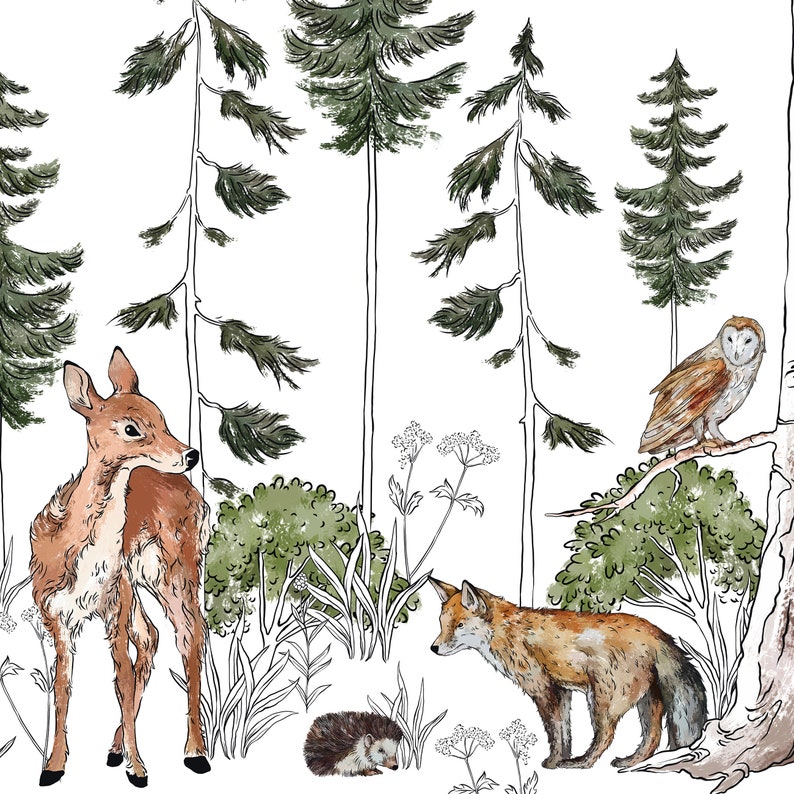Forest ANIMALS Kids Room Wallpaper Kids Room Mural Wall Decoration Kid Interior Wall Poster Nursery Room Deer and Fox image 5