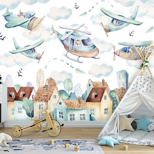 Planes KIDS Room Wallpaper | Helicopter Mural | BOYS Wall Decoration | CUTE | Kids Interior | Wall Poster | Pastels Wall | Nursery Wall