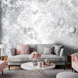 Large GRAY Floral Wallpaper | Flowers PRINT Mural | Wall Decoration | Concerete EFFECT Wall | Interior Design | Wall Poster | Wall Print