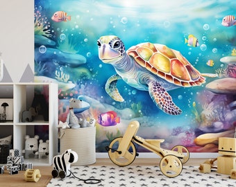 TURTLE Wallpaper | KIDS Room Wallpaper | Nursery Mural | Ocean Wallpaper | CUTE Poster | Kids Interior | Wall Poster | Pastels Wall |