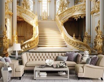 ECLECTIC Style Wallpaper | Palace Stairs | White & Gold | Royal Photo Mural | Wall Decoration | Royal Interior | Interior Design |