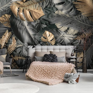 Dark PLANTS Wallpaper | Decal Mural | Wall Decoration | BOTANICAL Interior Design | Wall Poster | Wall Decoration | Green Wall Decor
