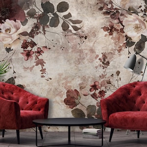 Large Flowers Wallpaper | Concrete Immitation Mural | Botanical Wall Poster | Large Decals | Wall Poster | Wallcovering | Plants Wall Decor