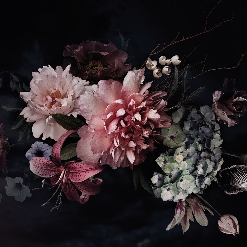 Dark FLOWERS Wallpaper Photo Mural Wall Decoration Etsy