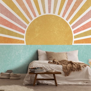 BOHO Sun Wallpaper | Bohemian Decal Mural | Mustard Pastels Wallpaper | Interior Design | Poster | Wall Decoration | VINTAGE Wall Decor