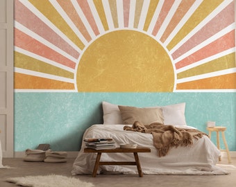 BOHO Sun Wallpaper | Bohemian Decal Mural | Mustard Pastels Wallpaper | Interior Design | Poster | Wall Decoration | VINTAGE Wall Decor