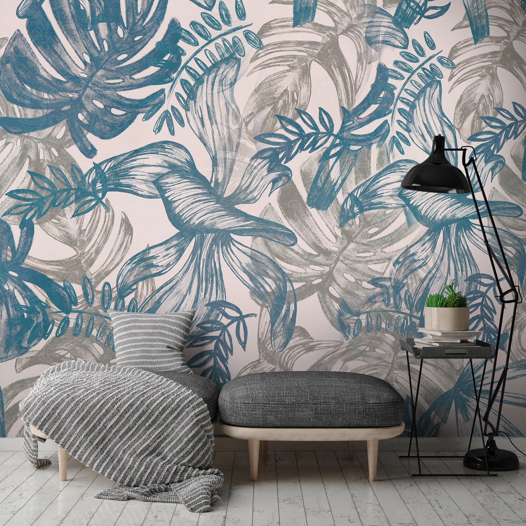 Dusky Blue Leaves Wallpaper Decal Mural Wall Decoration Etsy