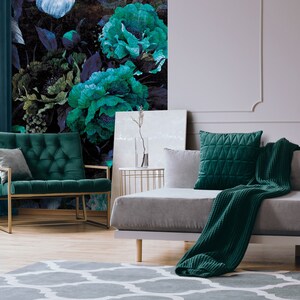 DARK Flowers Wallpaper  | Boho Mural | Wallpaper | Wall Poster | Floral Interior Design | Wall Poster | Coral Wall Decor |