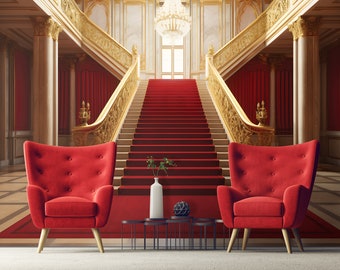RED Stairs | ECLECTIC Style Wallpaper | White & Gold | Royal Photo Mural | Wall Decoration | Royal Interior | Interior Design |