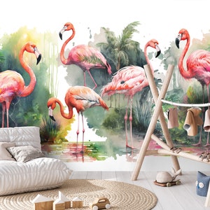 FLAMINGO Wallpaper | Kids Mural | Tropical Wall Decoration | Poster | Kids Interior | Wall Poster | Pastels Wall | Flamingos