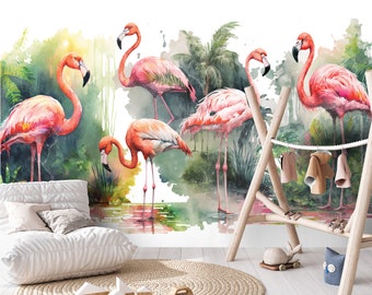 FLAMINGO Wallpaper | Kids Mural | Tropical Wall Decoration | Poster | Kids Interior | Wall Poster | Pastels Wall | Flamingos