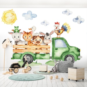 Farmer TRUCK Room Wallpaper | Farm Animals Wall Mural | Wall Decoration | Kid Interior | Wall Poster | Kids  Wall | Nursery Wall | FARM