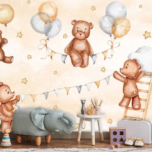 Sweet Teddy Bears Wallpaper | Beige Colours Mural | Children Wall Poster | Nursery Wallpaper | Wall Mural | Easy Application