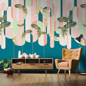 Art DECO MURAL Wallpaper | Teal & Pink Wall Decor | POSTER | Feathers Wall Design | Wall Poster | Wall Decoration | Neutral Colors Wall