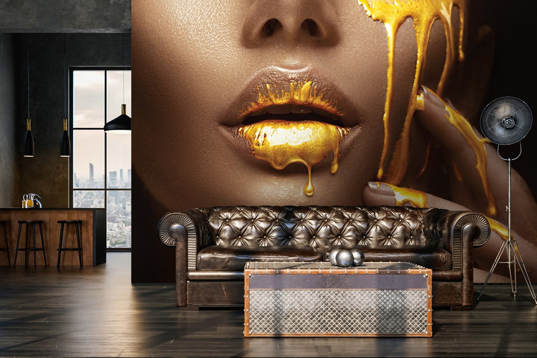 GOLD Lips Wallpaper Gold Woman Wall Decoration Luxury Wallpaper Glamour