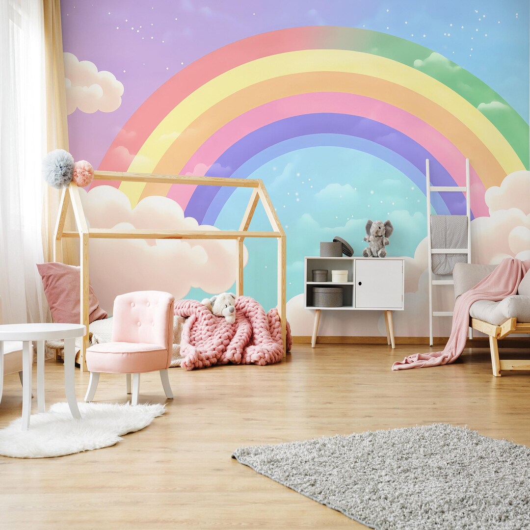 RAINBOW Sky Wallpaper | Clouds Pastel Children Mural | Scandinavian ...