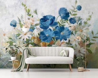 Blue Flowers Painted Wallpaper | Wall Mural | Watercolors Wall Print | Nature BOHO Interior | Wall Poster | Floral Art Pattern Interior |