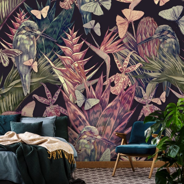 Exotic PLANTS Wallpaper | Butterflies Leaves MURAL | Wall Decoration | BOTANICAL Interior Design | Dark Print Wall Decal | Floral Mural