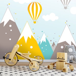 Mountains Hot Air Balloons KIDS Room Wallpaper | Nursery Mural | Wall Decoration | Mountains Wall DECAL | Kids Interior | Wall Poster |