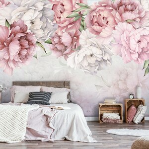 PINK Large Flowers Wallpaper | Pastel Flowers Mural | Peonies Wall Poster | Peony Wallpaper | Wallcovering | Girls Baby Nursery Wall Decor