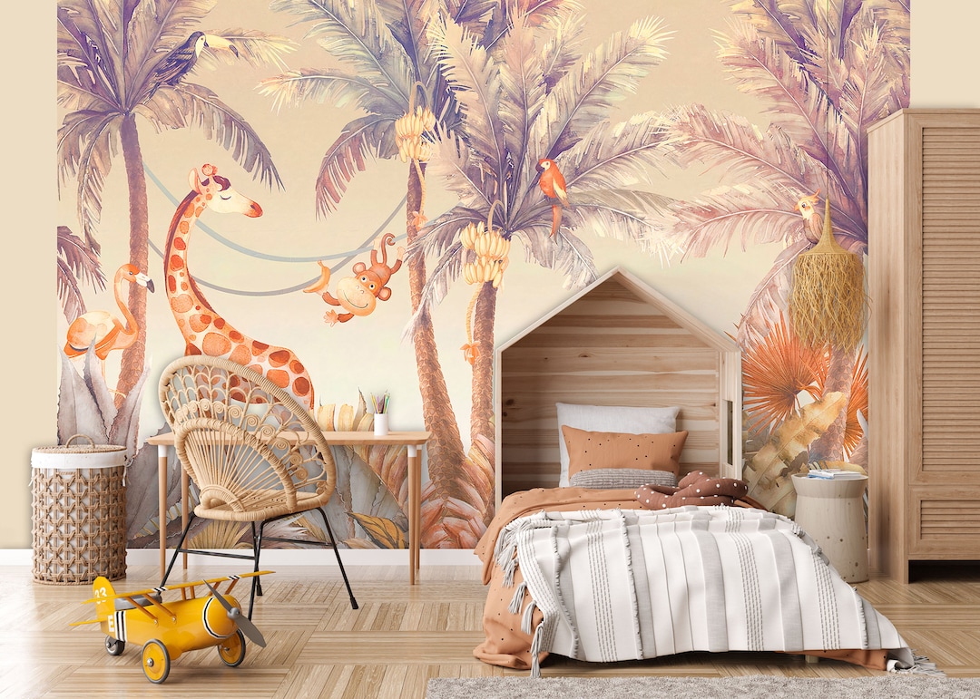 Safari KIDS Room Wallpaper Jungle Nursery Wall Mural Orange Pastel