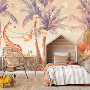Safari KIDS Room Wallpaper | Jungle | Nursery Wall Mural | Orange Pastel WALLPAPER | Baby Interior | Nursery Wall | Pastel Kids Room