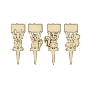 May include: Four wooden animal-shaped toppers, each holding a blank sign. The animals include a rabbit, a chipmunk, a raccoon, and a squirrel. The toppers are light brown with detailed cartoon-style features.