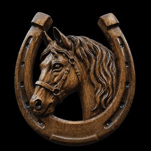 Horse Head in Horseshoe | CNC Relief Carving | Laser Engraving | UV Print Depth Map | Rustic Western Horse Design