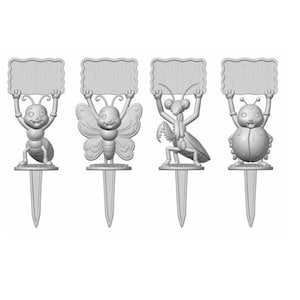 May include: Four gray insect garden stakes. Each stake features a different insect holding a blank sign: an ant, a butterfly, a praying mantis, and a ladybug. The stakes are designed to be inserted into the ground.
