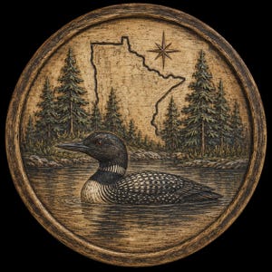 Könnte beinhalten: Eine kreisförmige Wandplakette mit einem Reliefschnitzwerk eines Eistauchers, der auf dem Wasser schwimmt. Der Hintergrund zeigt einen Kiefernwald, eine Windrose und den Umriss des Bundesstaates Minnesota. Das Stück hat ein verwittertes Holzfinish.